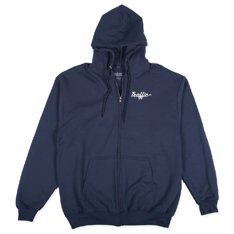 Men’s loud navy hoodie-Traffic Skateboards Script Zip Up Hoodie Navy