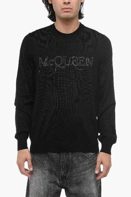 Men’s tight cotton pullover-Alexander McQueen Crew Neck Wool Sweater with Metallic Logo