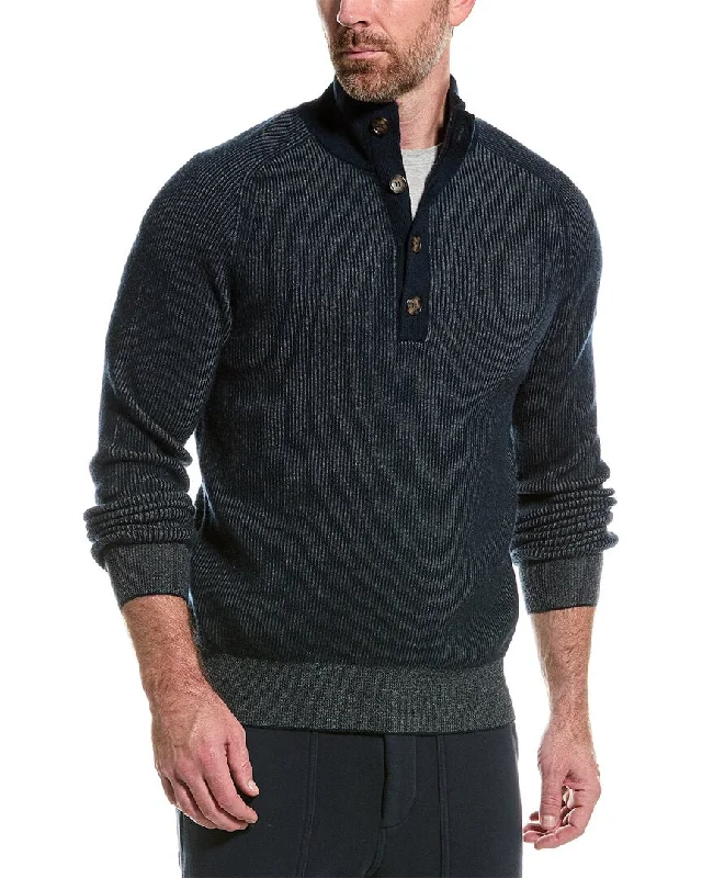 Men’s textured cashmere pullover-Amicale Cashmere Plaited Brioche Button Mock Cashmere Sweater