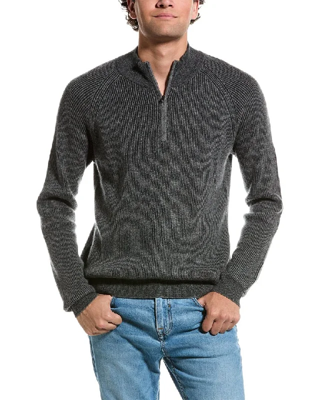 Men’s breezy crew top-Amicale Cashmere Two-Tone Plaited Rib Cashmere 1/4-Zip Sweater