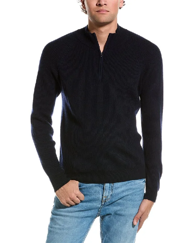 Men’s airy wool cardigan-Amicale Cashmere Two-Tone Plaited Rib Cashmere 1/4-Zip Sweater