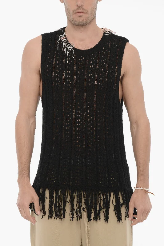 Men’s loose V-neck pullover-Andersson Bell Perforated Sleeveless GORDON Crew-neck Sweater with Fringes