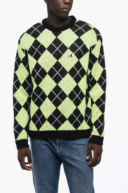 Men’s baggy knit sweater-Awake New York Argyl Motif Two-Tone Crew-neck Sweater