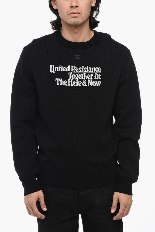 Men’s tight pullover top-Courreges Solid Color Crew-neck Sweater with Contrasting Embroidery