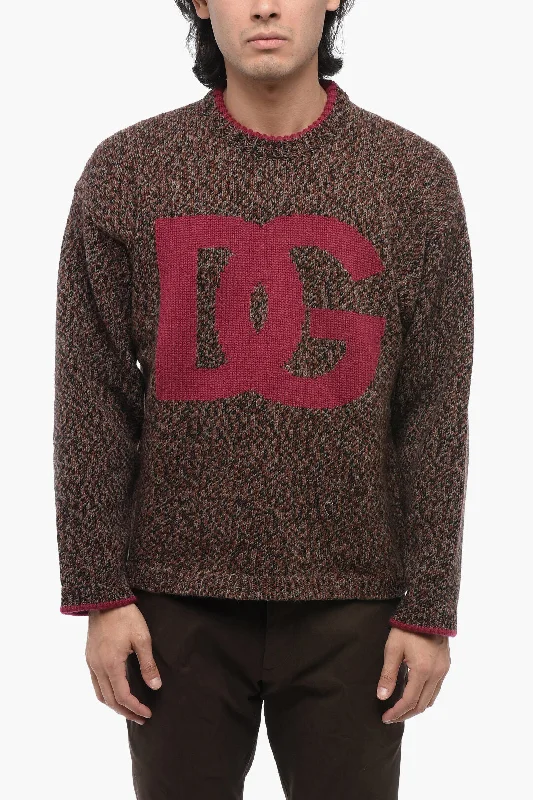 Men’s tight cashmere sweater-Dolce & Gabbana Crew Neck Wool Blend Pullover with Jacquard Logo