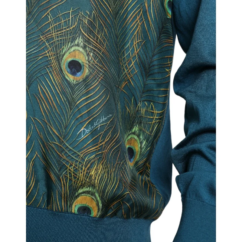 Men’s thick wool sweater-Dolce & Gabbana Silk V-Neck Peacock Feather Men's Sweater