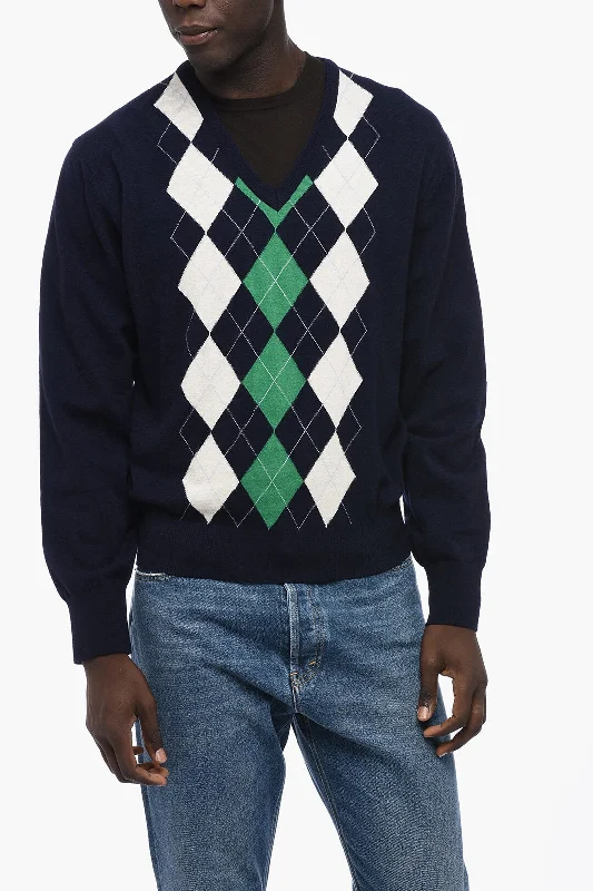 Men’s thick pullover top-Dunst Argyle Motif V-Neck Sweater