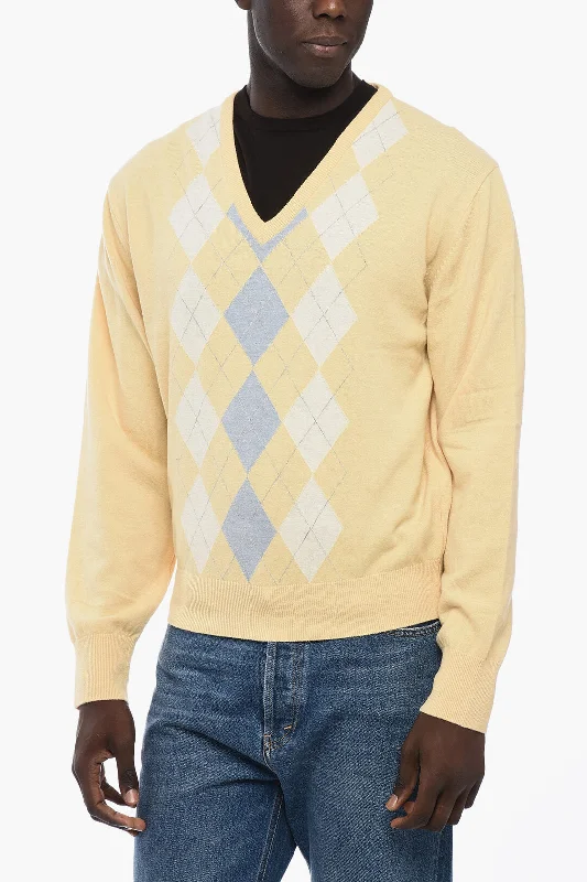 Men’s velvety wool sweater-Dunst Argyle Motif V-Neck Sweater