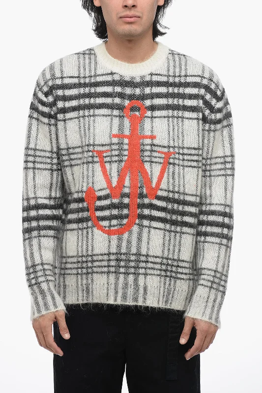 Men’s thick V-neck sweater-J.W.Anderson Tartan Mohair Blend Pullover with Jacquard Logo