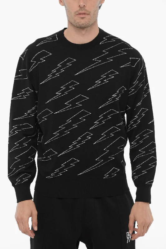 Men’s ventilated knit top-Neil Barrett Lightweight Cotton Crew-neck Sweater with Thunderbolts Embro