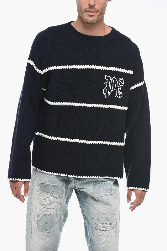 Men’s suave wool sweater-Palm Angels Monogram Embroidered Sweater with Crochet Detail