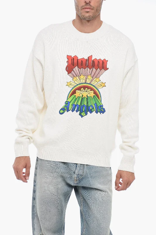 Men’s tight cotton sweater-Palm Angels Wool Blend Printed RAINBOW Crewneck Pullover