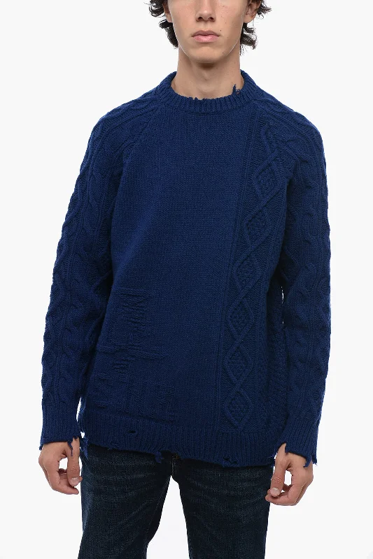 Men’s breezy V-neck sweater-Seafarer Vintage Effect Cable-Knit Crewneck Sweater