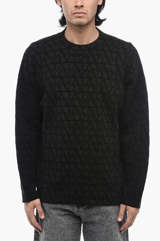 Men’s crisp V-neck top-Valentino Crewneck Pullover with All-Over Logo