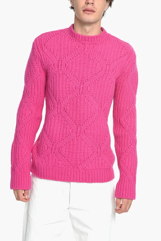 Men’s tight pullover top-Valentino PINK PP Crew Neck Wool Pullover with Diamond Pattern