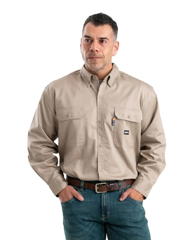 Men’s textured casual shirt-Berne Apparel Mens Flame Resistant Button Down Work Khaki Cotton Blend L/S Shirt