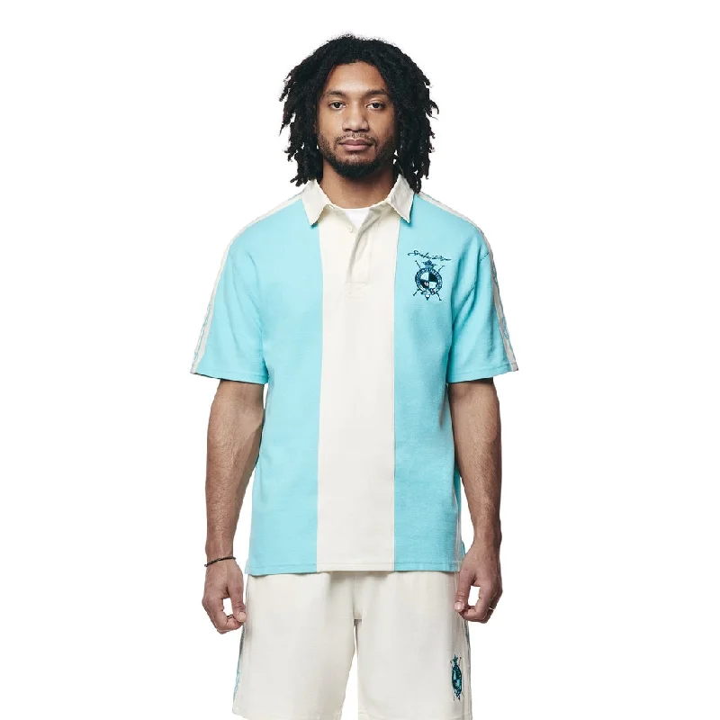 Men’s ventilated dress shirt-Crest Embroidered Striped Waffle Rugby Shirt - Paradise Blue