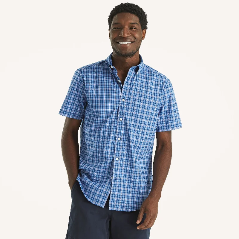 Men’s loose striped top-Nautica Mens Wrinkle-Resistant Plaid Wear To Work Short-Sleeve Shirt