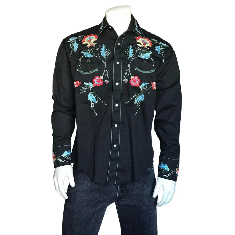 Men’s iconic white button-up-Rockmount Mens Black 100% Cotton Floral Embroidery L/S Shirt