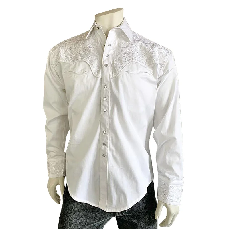 Men’s textured flannel shirt-Rockmount Mens White/White 100% Cotton Vintage Tooling Embroidery L/S Shirt XS