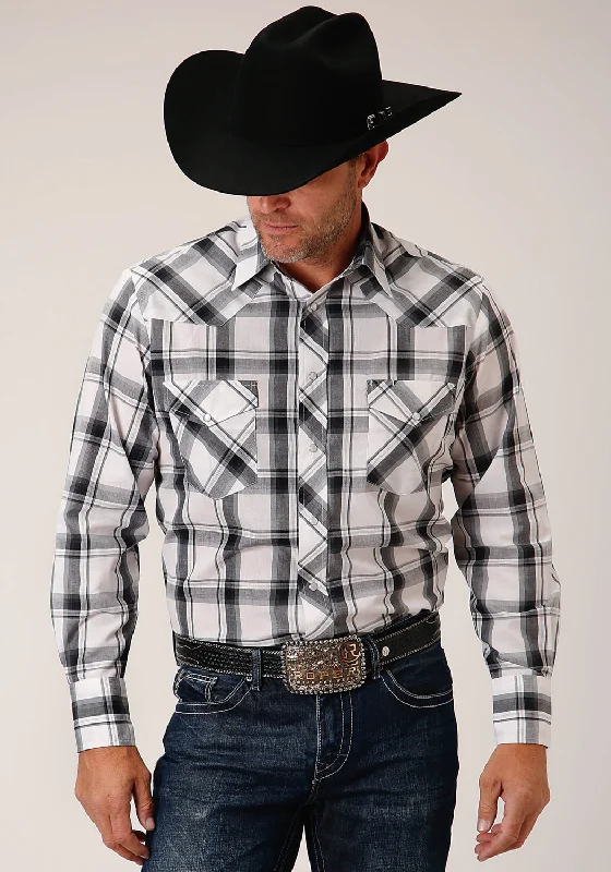 Men’s polished casual top-Roper Mens 1505 Tall Plaid White/Black Cotton Blend L/S Shirt