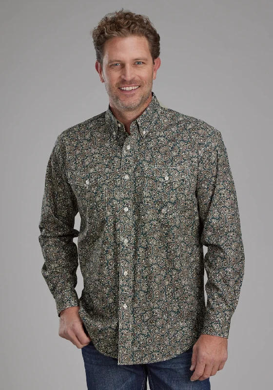 Men’s sturdy denim shirt-Roper Mens 2150 Oak Paisley Brown 100% Cotton Btn L/S Shirt