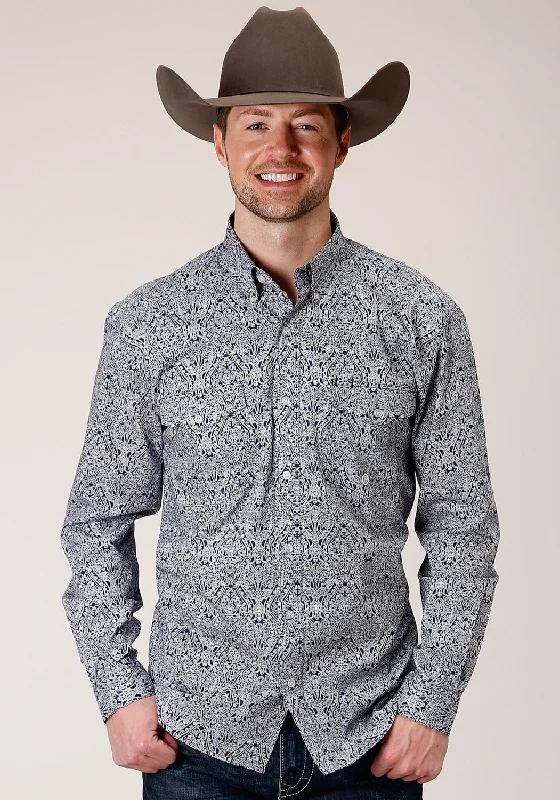 Men’s refined white top-Roper Mens Blue 100% Cotton Crystal Medallion BD L/S Btn Shirt