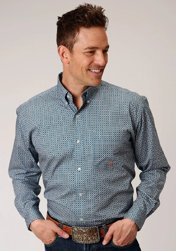 Men’s refined plaid top-Roper Mens Blue 100% Cotton Geo BD L/S 1 Pocket Shirt