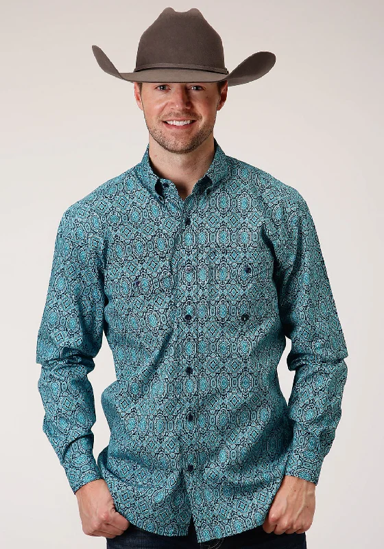 Men’s ventilated Oxford top-Roper Mens Blue 100% Cotton Medallion Paisley BD L/S Btn Shirt