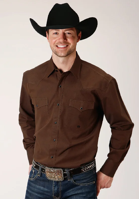 Men’s enduring button-up shirt-Roper Mens Brown 100% Cotton Black Fill L/S Snap Shirt