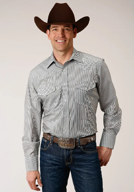 Men’s sleek chambray top-Roper Mens Charcoal/White Cotton Blend Stripe L/S 80/20 Shirt