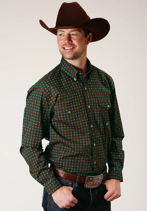 Men’s baggy plaid top-Roper Mens Chocolate 100% Cotton Agave Foulard BD L/S Btn Shirt