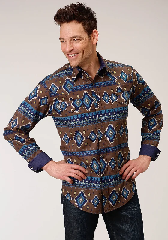 Men’s pristine short-sleeve shirt-Roper Mens Chocolate 100% Cotton Aztec Print L/S Shirt