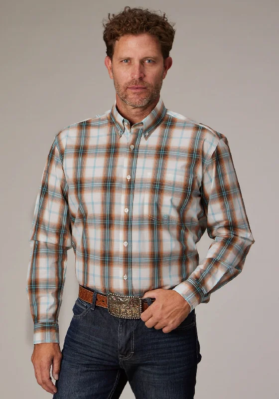 Men’s vivid checked shirt-Roper Mens Desert Spring Plaid Orange 100% Cotton 1 Pkt L/S Shirt