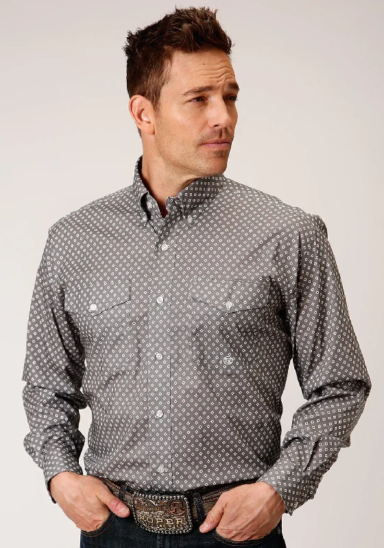 Men’s rich cotton dress top-Roper Mens Grey Cotton Blend Diamond Poplin BD L/S Btn Shirt