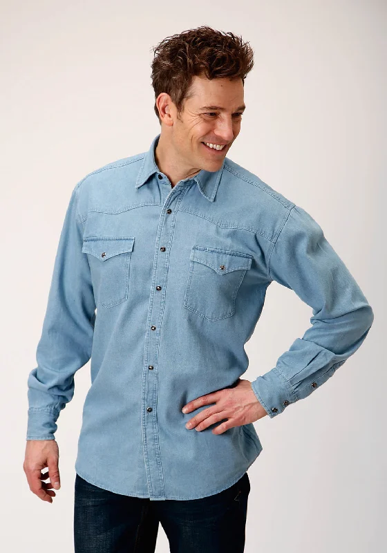 Men’s suave linen shirt-Roper Mens Light Blue 100% Cotton Denim BD L/S Western Shirt