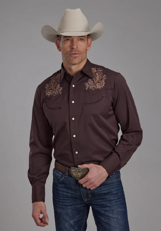 Men’s sharp dress top-Roper Mens Paisley Western Brown Poly/Rayon L/S Shirt