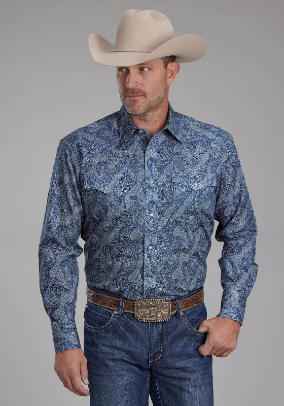 Men’s sleek pattern shirt-Roper Mens River Paisley Blue 100% Cotton L/S Shirt