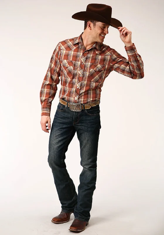 Men’s crisp flannel shirt-Roper Mens Rust/Cream Cotton Blend Plaid L/S 55/45 Shirt