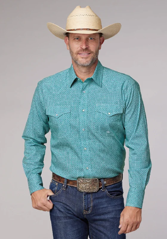 Men’s light casual shirt-Roper Mens Stretch Neat Teal Cotton Blend Tall L/S Shirt