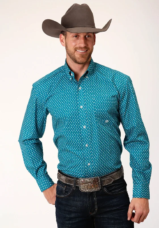 Men’s refined white top-Roper Mens Teal 100% Cotton Mini Foulard BD L/S 1 Pkt Shirt