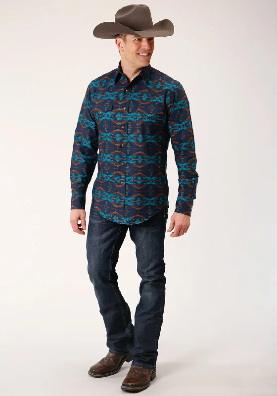 Men’s toasty flannel top-Roper Mens Turquoise 100% Cotton Blanket Horizontal L/S Snap Shirt