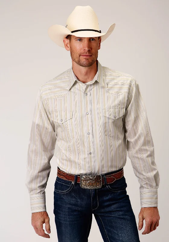 Men’s airy plaid top-Roper Mens White/Grey Cotton Blend Stripe L/S Shirt