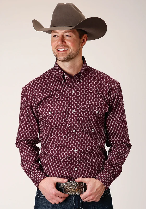 Men’s ventilated dress shirt-Roper Mens Wine 100% Cotton Point Diamonds BD L/S Btn Shirt