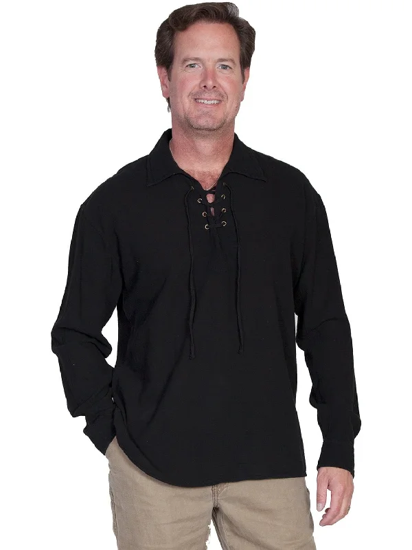 Men’s ventilated linen shirt-Scully Cantina Mens Black 100% Cotton Laceup Pullover Shirt