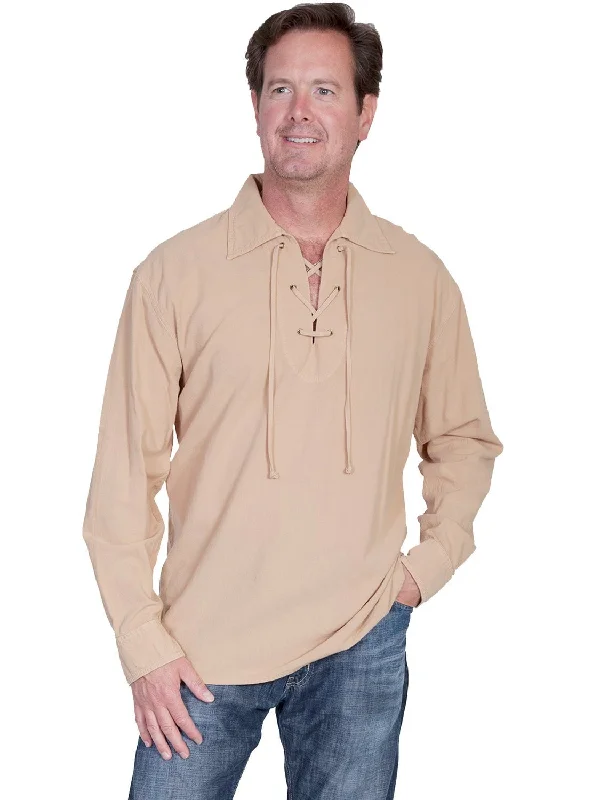 Men’s iconic white button-up-Scully Cantina Mens Sand 100% Cotton Laceup Pullover Shirt