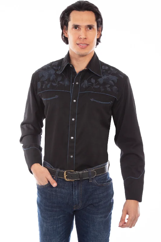 Men’s tight white shirt-Scully Mens Black Poly/Rayon Red Roses L/S Shirt