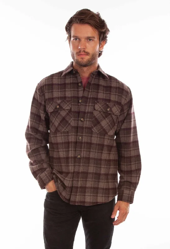 Men’s loose button-down top-Scully Mens Chocolate/Port Wool Blend Flannel Plaid L/S Shirt