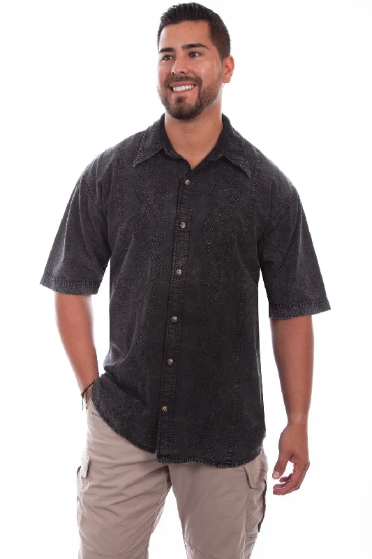 Men’s loose button-down top-Scully Mens Distressed Black 100% Cotton Trac S/S Shirt