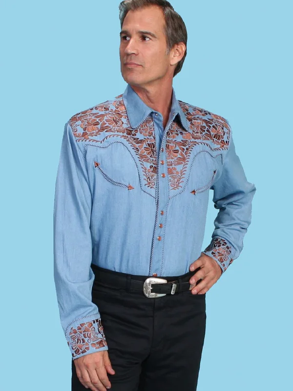 Men’s tight plaid shirt-Scully Mens Floral Tooled Embroidery Light Blue Poly/Rayon L/S Shirt S